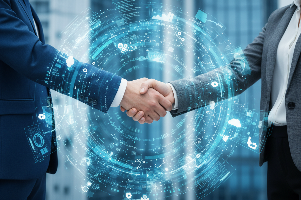 hand shake as the world of technology spins around them