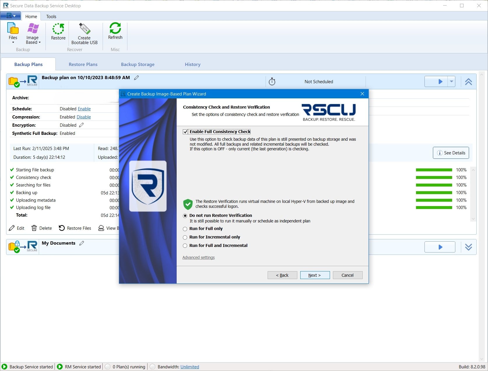 RSCU Cloud Backup interface showing backup consistency checks and restore verification for image-based backups