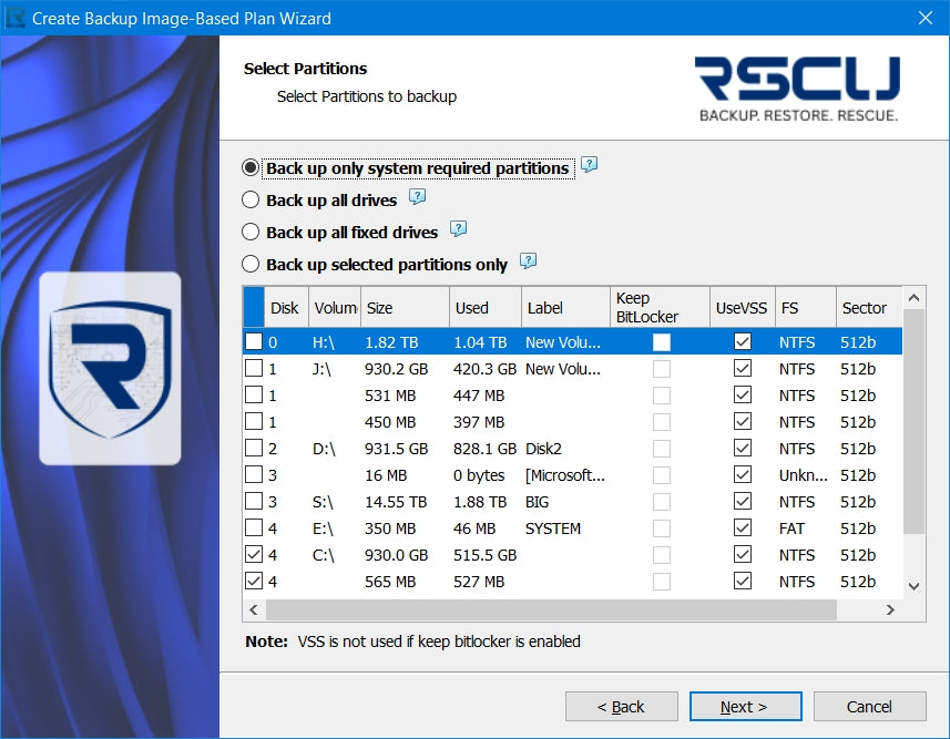 RSCU image-based backup plan wizard showing disk and partition selection for full system backups